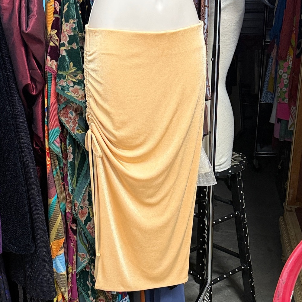 Chaser skirt fitted stretch yellow gold Ruched on side slit Retail NWT $79